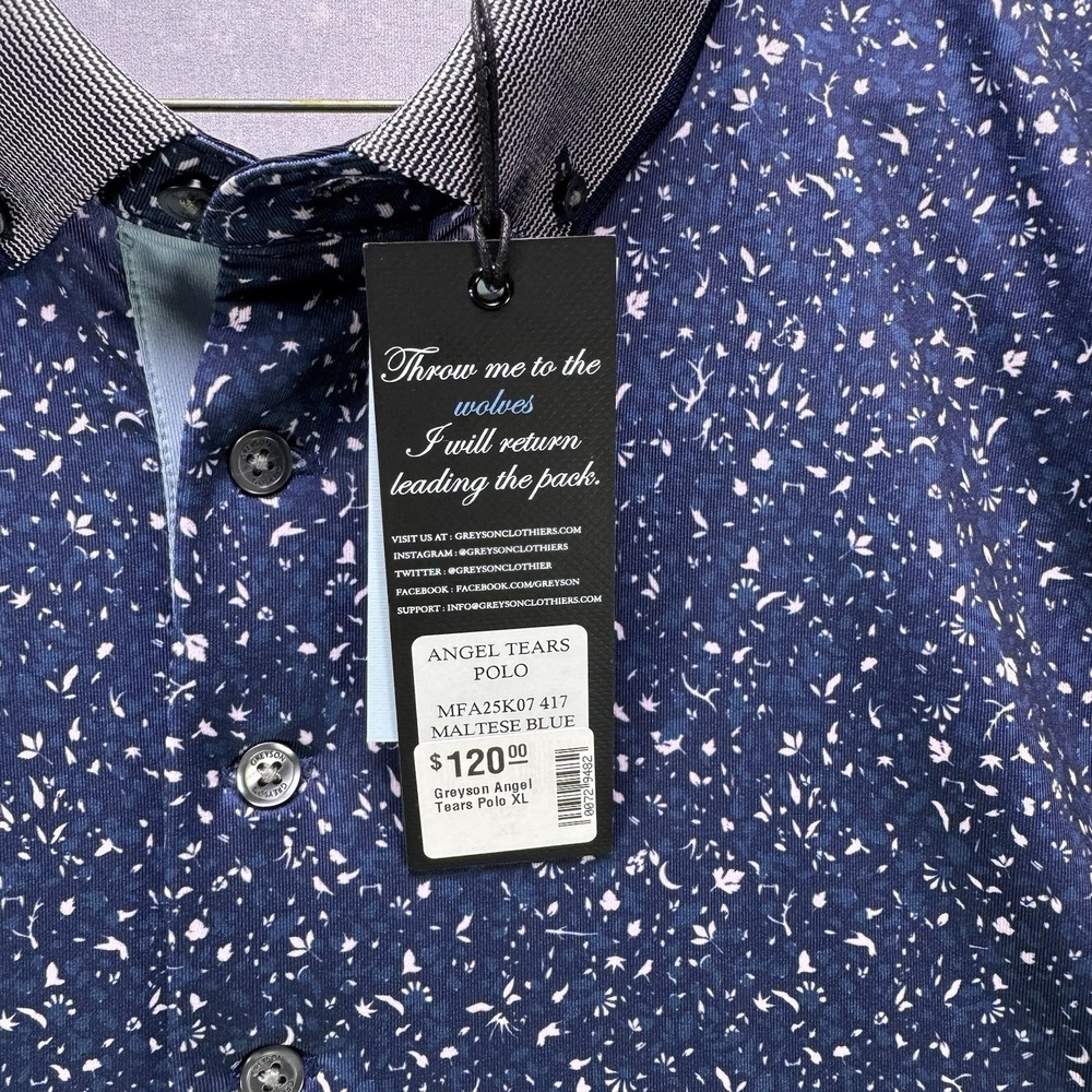 Greyson Golf Polo Shirt Mens XL Blue Angel Tears AOP Stretch Justin Thomas NWT - Picture 5 of 13